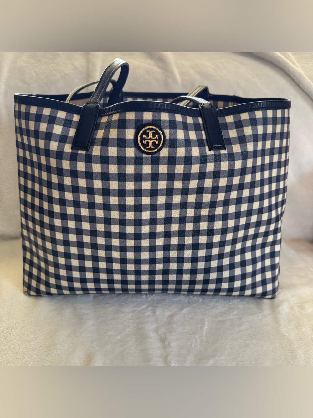 Tory Burch Kerrington Shopper Gingham Print Tote Navy White Plaid Purse